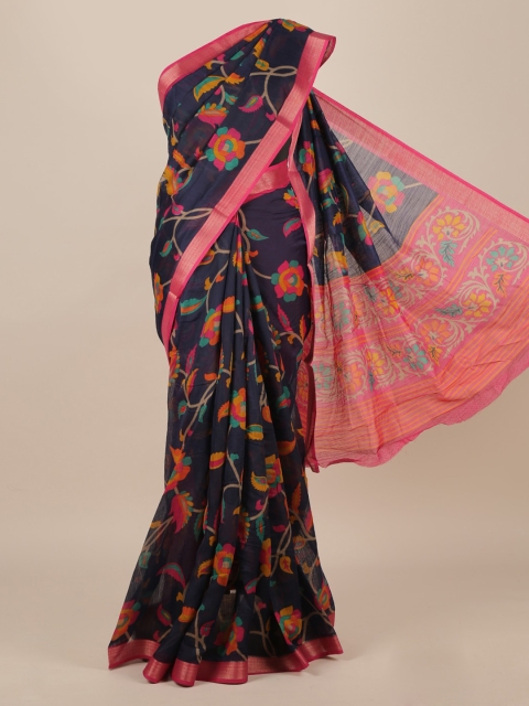 

Pothys Navy Blue Printed Jute Silk Saree