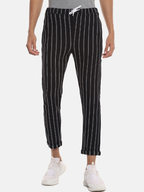 

Campus Sutra Men Black & White Striped Straight-Fit Cotton Track Pants