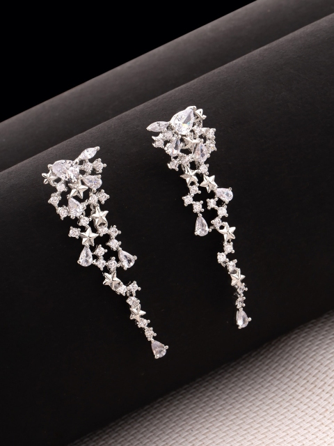 

Studio Voylla Silver-Toned Rhodium-Plated CZ-Studded Contemporary Drop Earrings