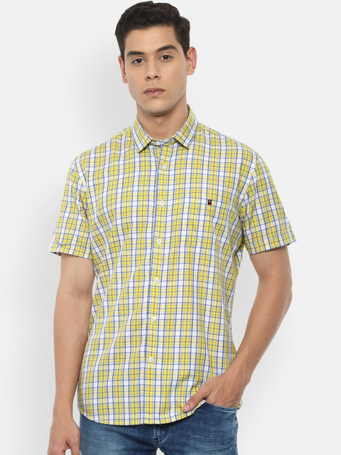 

Louis Philippe Jeans Men Yellow & White Pure Cotton Slim Fit Checked Casual Shirt