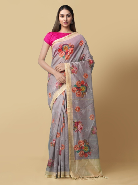 

Unnati Silks Grey Floral Printed Chanderi Saree