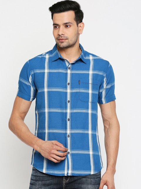 

Mufti Men Blue & White Checked Cotton Linen Slim Fit Casual Shirt