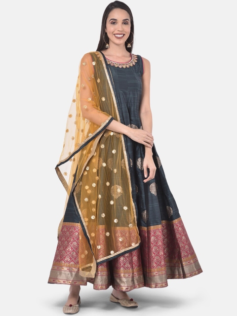 

Neerus Women Grey & Gold-Toned Woven Design Kurta with Salwar & Dupatta