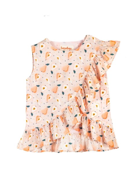 

Hugsntugs Peach-Coloured & Blue Printed Flutter Sleeves Pure Cotton Tiered Top