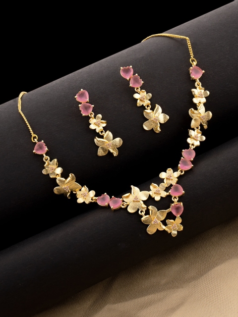 

Studio Voylla Gold-Plated Pink Gem-Studded Love Paradise Floral Jewellery Set