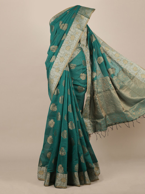 

Pothys Green & Gold-Toned Jute Silk Woven Design Saree