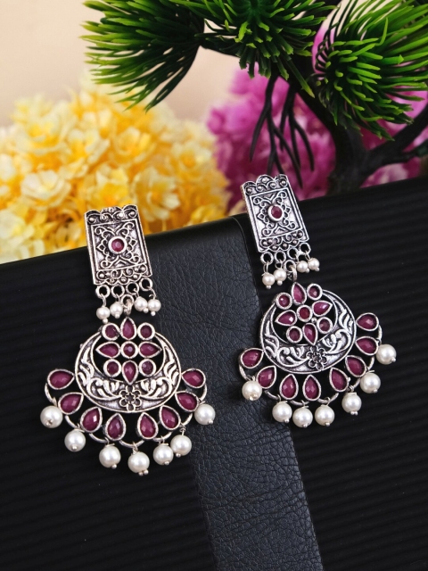 

Crunchy Fashion Oxidized Silver-Plated & Pink Stone Studded Geometric Drop Earrings