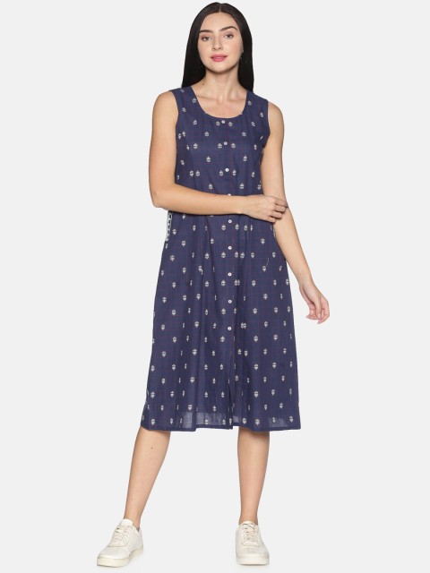

Saffron Threads Women Navy Blue Printed Cotton Fit and Flare Dress