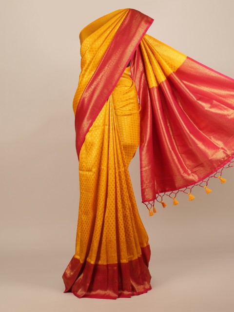 

Pothys Mustard Yellow & Red Jute Silk Woven Design Saree