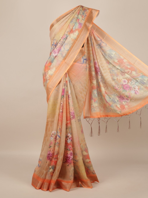 

Pothys Cream-Coloured Floral Printed Linen Blend Saree