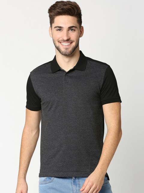 

Bewakoof Men Grey Melange & Black Striped Polo Collar T-shirt