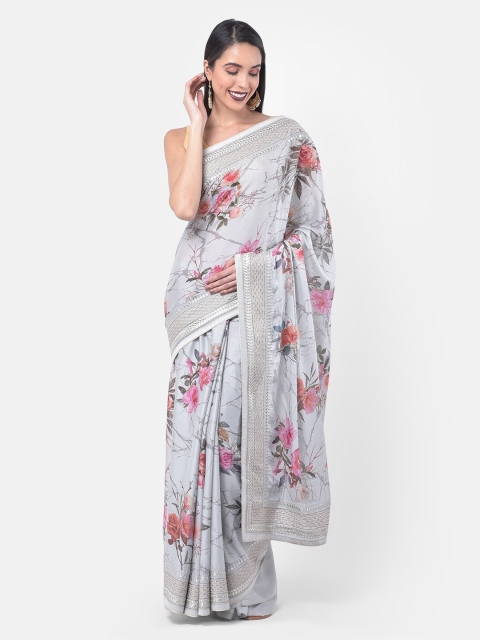 

Neerus Grey Printed Poly Crepe Saree