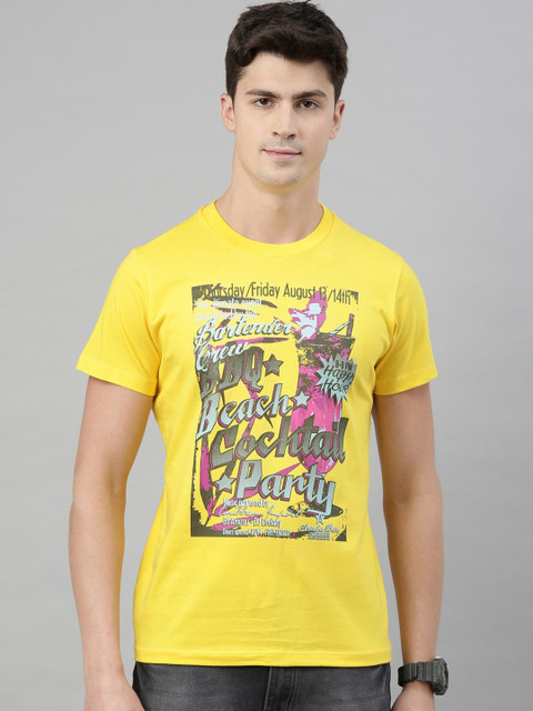 

QUANCIOUS Men Yellow & Pink Graphic Print Organic Cotton Round Neck T-shirt