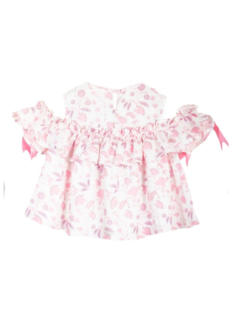 

Hugsntugs White & Pink Floral Printed Cold-Shoulder Sleeves Pure Cotton A-Line Top