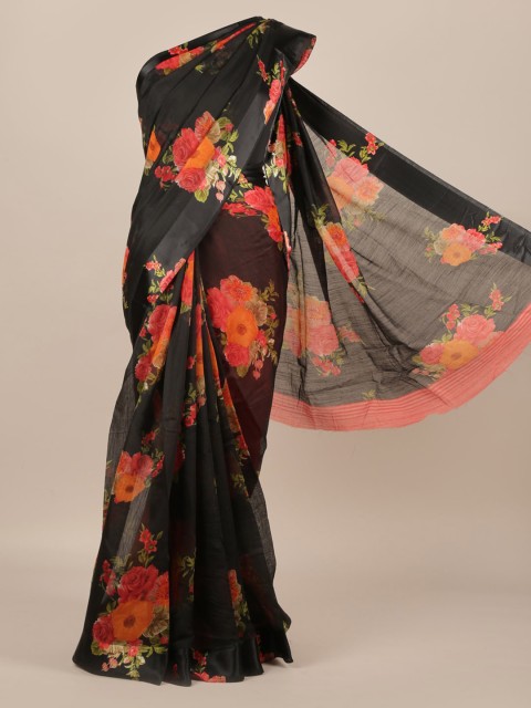 

Pothys Black & Orange Jute Silk Floral Printed Saree