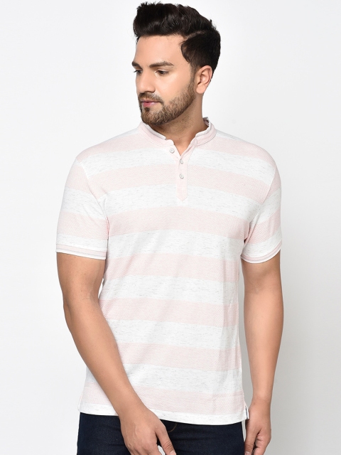 

Octave Men Pink & White Striped Mandarin Collar T-shirt