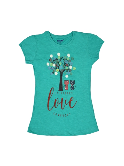 

ORANGE PUMPKKIN Girls Green Printed Pure Cotton Regular Top