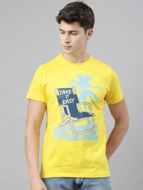 

QUANCIOUS Men Yellow & Blue Graphic Print Organic Cotton Round Neck Sustainable T-shirt