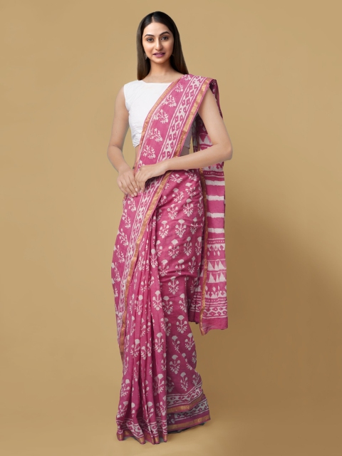 

Unnati Silks Pink Pure Cotton Printed Dabu Saree
