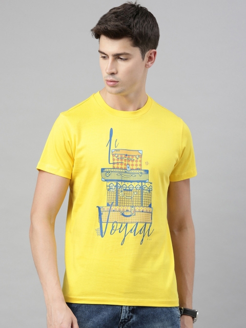 

QUANCIOUS Men Yellow & teal Blue Graphic Print Organic Cotton Round Neck Sustainable T-shirt