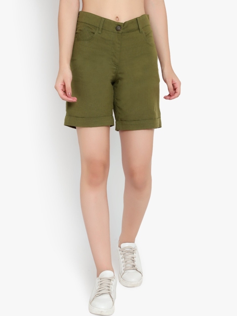 

Meee Women Olive Green Solid Regular Fit Regular Shorts