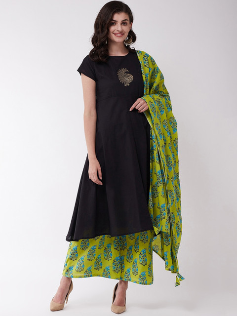 

InWeave Women Black Solid Kurta with Palazzos & Dupatta