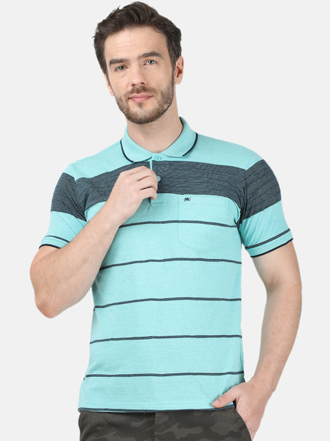 

Monte Carlo Men Turquoise Blue Striped Polo Collar T-shirt