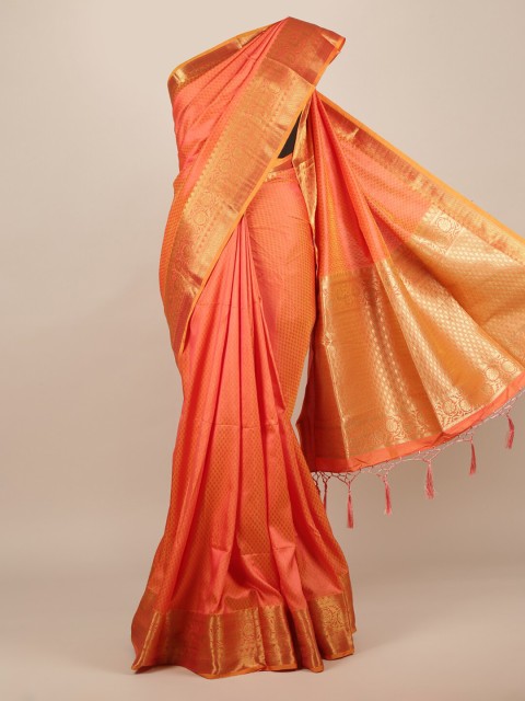 

Pothys Peach-Coloured & Golden Jute Silk Checked Saree