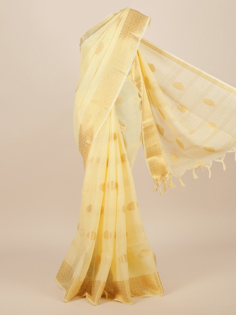 

Pothys Cream-Coloured Woven Design Jute Silk Saree With Tasseled Pallu