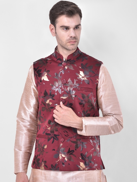 

SG LEMAN Men Maroon & Black Printed Satin Nehru Jacket