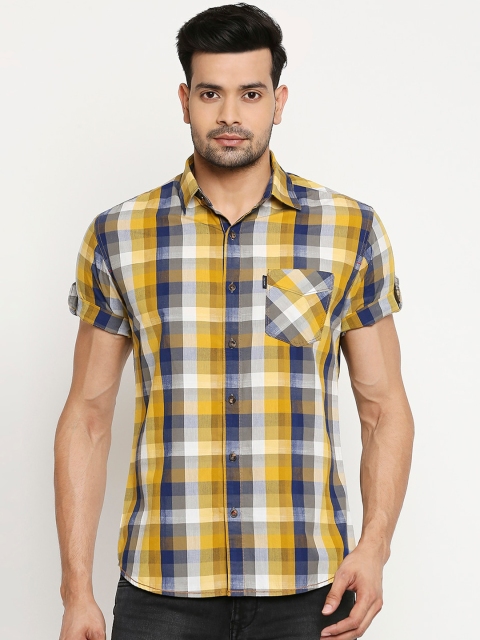 

Mufti Men Mustard Yellow & Blue Slim Fit Checked Cotton Casual Shirt