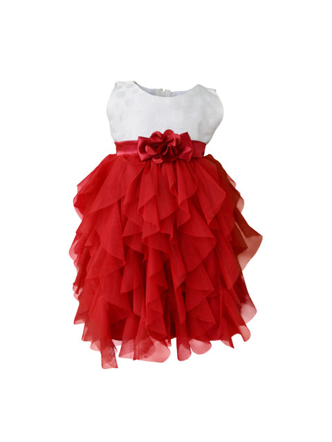 

Faye Girls White & Red Colourblocked Ruffled Fit and Flare Dress