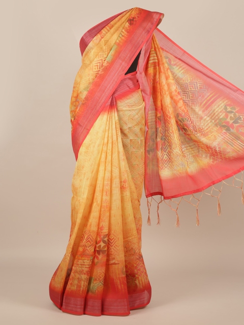 

Pothys Yellow & Pink Linen Blend Printed Saree