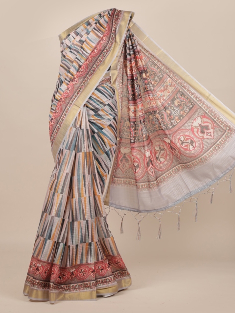 

Pothys Beige & Blue Jute Silk Printed Saree