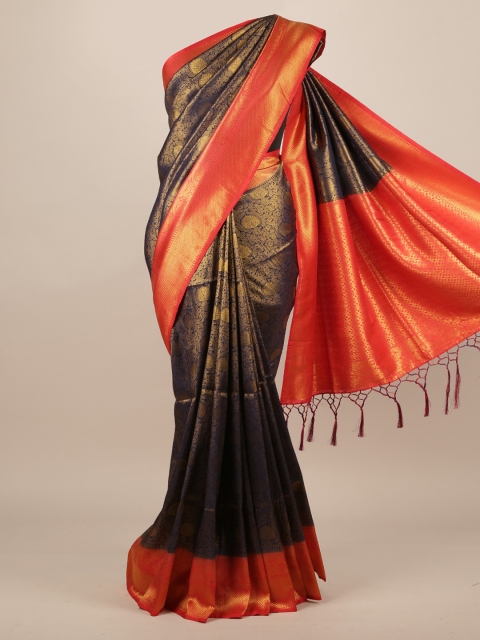 

Pothys Navy Blue & Orange Jute Silk Woven Design Saree