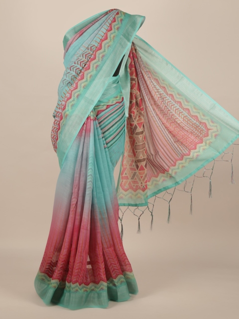 

Pothys Turquoise Blue & Pink Linen Blend Colourblocked Saree