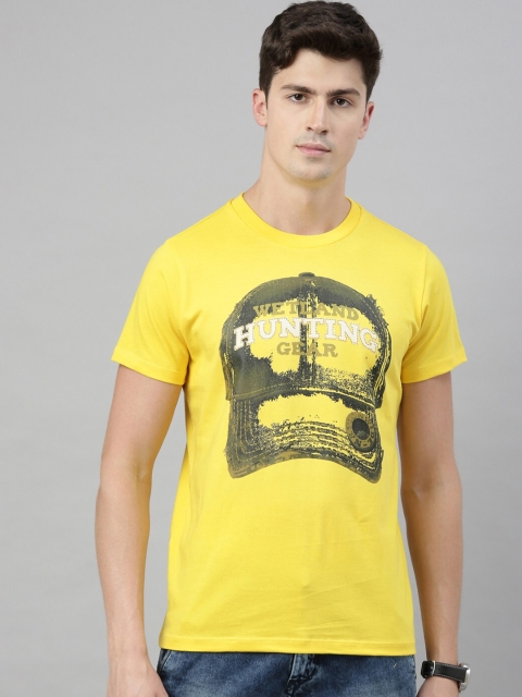 

QUANCIOUS Men Yellow & Olive Green Graphic Print Organic Cotton Round Neck T-shirt