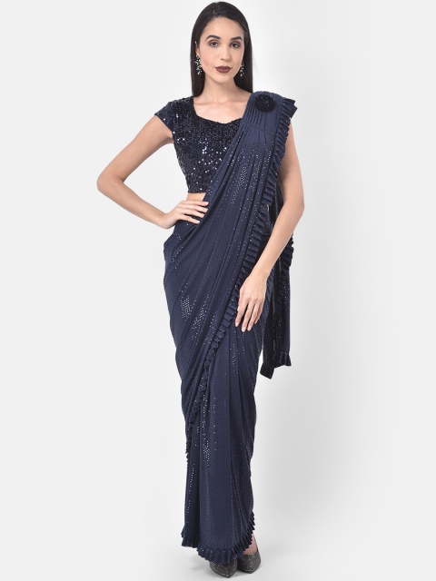

Neerus Navy Blue Solid Nylon Saree
