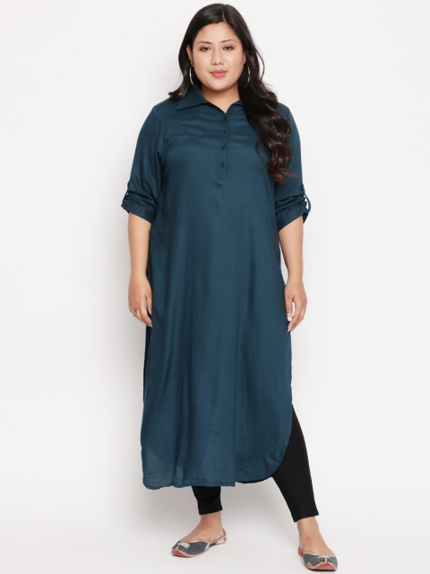 

Amydus Plus Size Women Teal Blue Solid Indigo Kurta