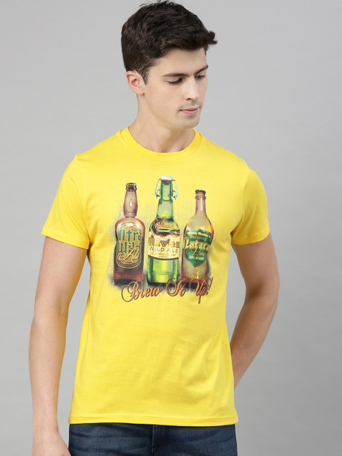 

QUANCIOUS Men Yellow Printed Round Neck Sustainable T-shirt