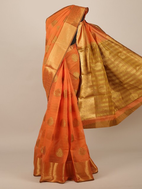 

Pothys Orange & Gold-Toned Jute Silk Woven Design Saree