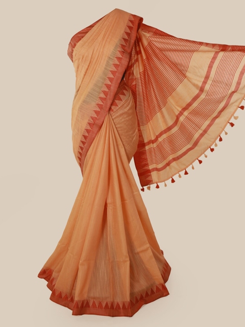 

Pothys Peach-Coloured & Orange Linen Blend Striped Saree