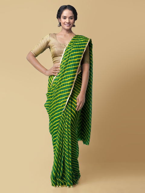 

Unnati Silks Green & Yellow Pure Chiffon Striped Baluchari Saree