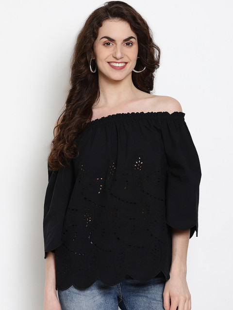 

VANCA ECO Black Floral Embroidered Off-Shoulder Sustainable Bardot Top