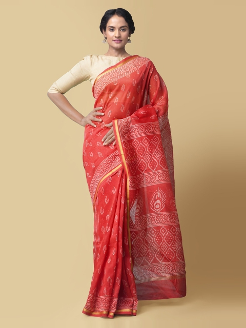 

Unnati Silks Red Silk Cotton Printed Chanderi Saree