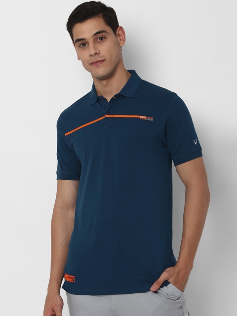 

Allen Solly Men Navy Blue Solid Polo Collar Cotton T-shirt with Striped Detail