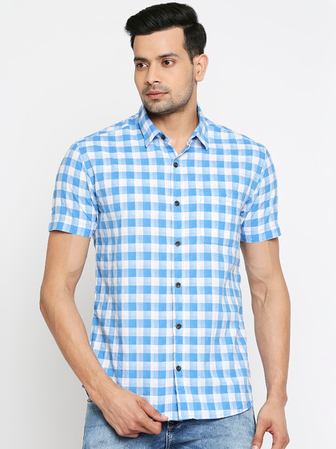 

Mufti Men Blue & White Pure Cotton Slim Fit Checked Casual Shirt