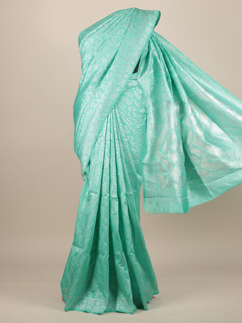 

Pothys Green & Silver-Toned Jute Silk Woven Design Saree