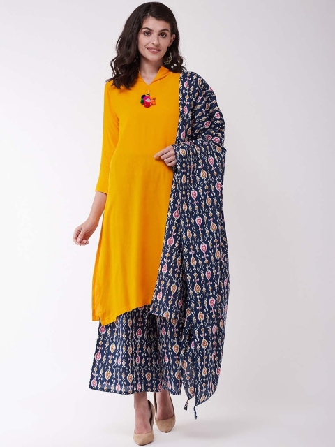 

InWeave Women Mustard Yellow & Navy Blue Solid Kurta with Palazzos & Dupatta