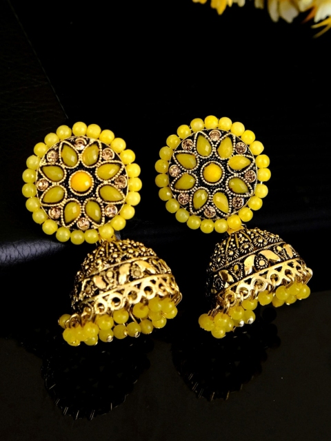 

Crunchy Fashion Yellow & Gold-Plated Contemporary Jhumkas